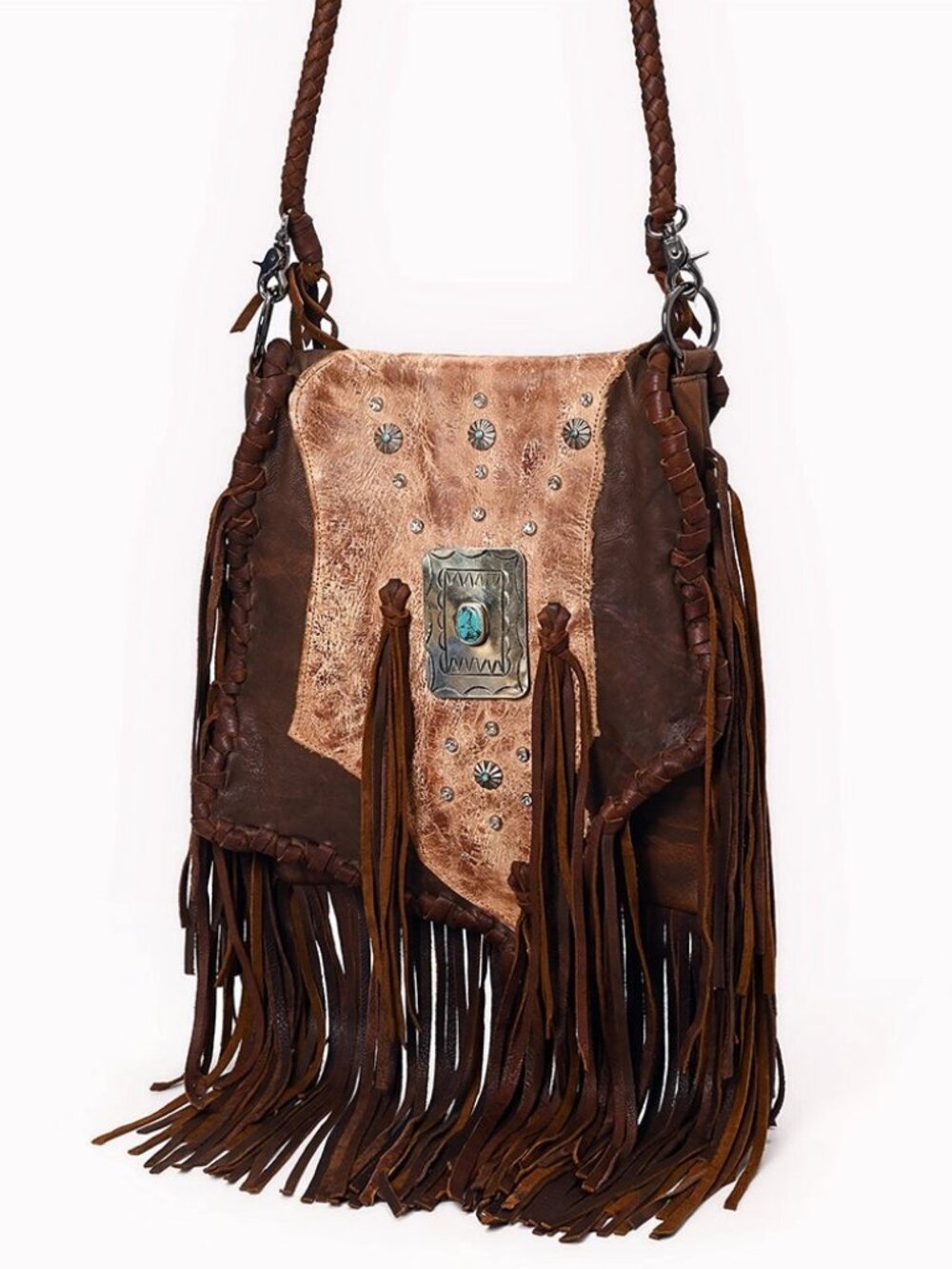American Darling Leather Fringe Western Turquoise Concho & Braided Strap Bag